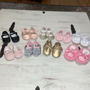 Lot of nine brand new baby girl shoes including a moccasin and slipper. 😍
